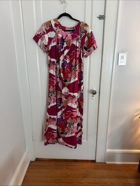 Sears Vintage Magenta Floral Short-Sleeve 100% Cotton Maxi Dress